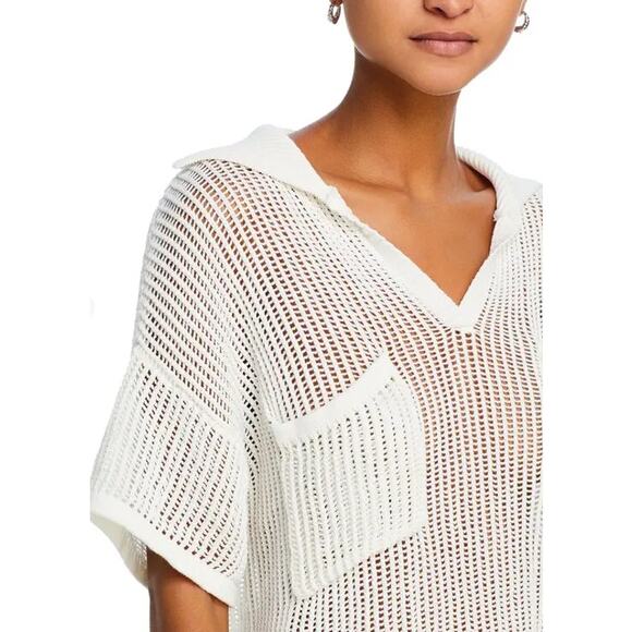 VINTAGE HAVANA WOMENS SMALL COLLARED V-NECK OPEN KNIT POLO COTTON SWEATER WHITE - Picture 3 of 12